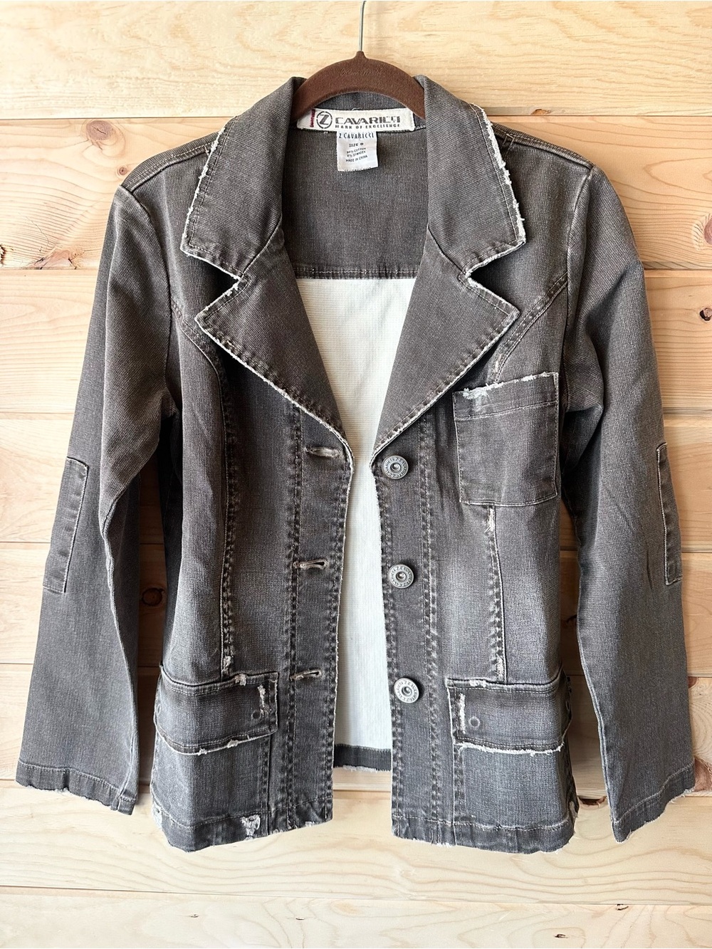 Vintage Z Cavaricci Gray Denim Blazer Jean Jacket Distressed Y2K 90s Grunge S